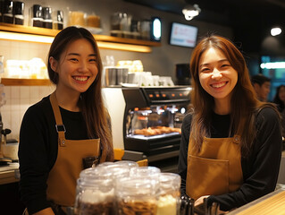 カフェで働く笑顔の女性店員たち
