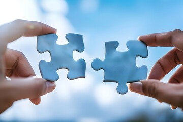 Hands Connecting Two Puzzle Pieces for Success and Unity