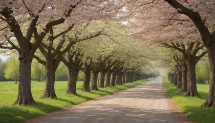 A tranquil spring stroll down a tree-lined road surrounded by blossoming cherry blossoms and fresh greenery