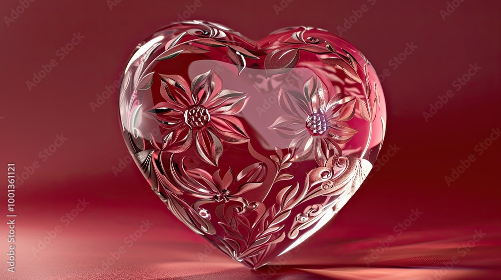Canvas Prints heart-shaped crystal trophy with floral pattern displayed on deep wine-red background