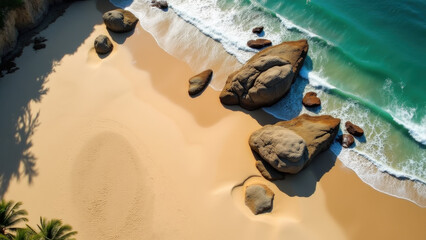Golden beach with scattered large rocks