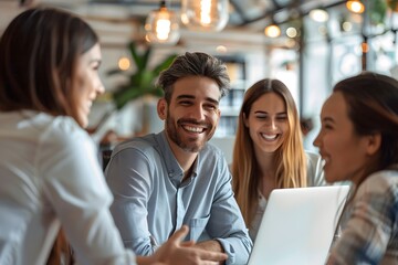 Happy Colleagues Talking and Working on Laptop in Cafe