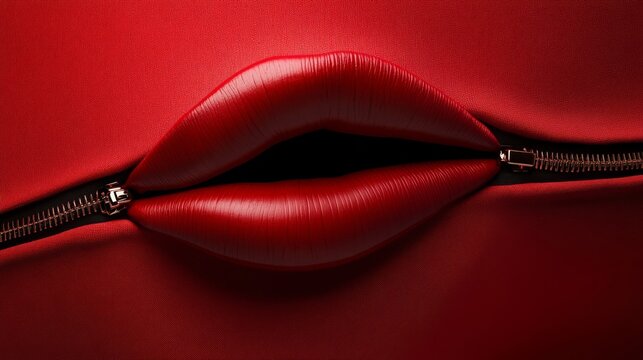 A striking close-up of red lips emerging from a zipper, combining elements of allure and intrigue against a bold red background.