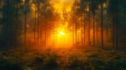Magical Sunrise in Misty Forest with Warm Glow Over Tall Trees and Lush Ferns, Nature Serenity, Tranquil Morning, Dreamy Woodland, Mystical Landscape, Atmospheric Light, Peaceful Wilderness