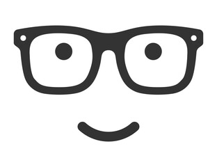 Description: Cute glasses icon with a smiling face. Black and white vector illustration ideal for logos, fun designs, and branding.