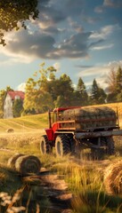 Charming farm scene  tractor with hay pulling trailer full of bales in idyllic rural meadow