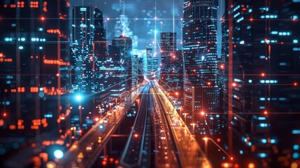 Fototapeta premium Vibrant cityscape showcasing 5g technology and futuristic networks for global innovation