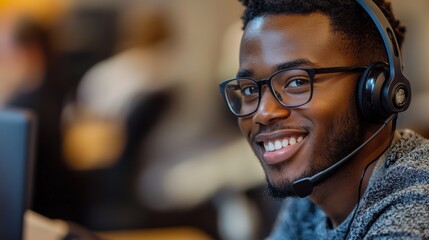 Smiling Support Agent with Headset in Call Center