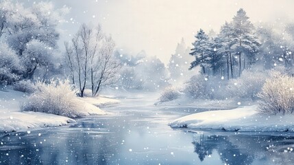 Snowy winter scene with moonlit trees and falling snow