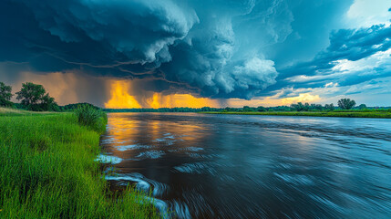 Dramatic Storm Clouds Over Majestic River at Sunset, Captivating Nature Scene with Vibrant Colors, Tranquility Before the Storm, Perfect for Weather and Landscape Enthusiasts