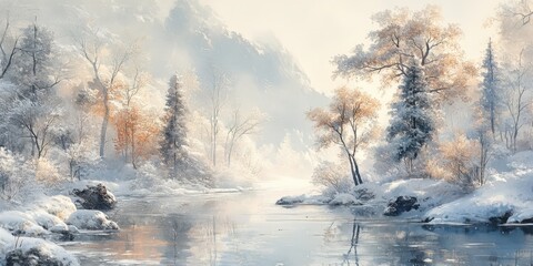 Snowy winter scene with moonlit trees and falling snow
