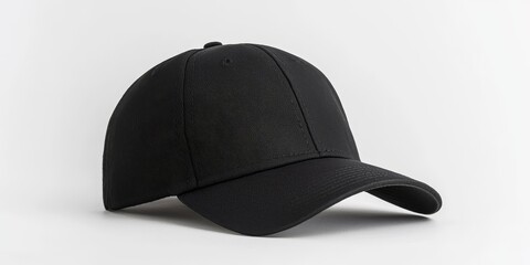 A black baseball hat on solid white background, single object