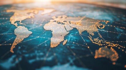 A stunning aerial view of Earth, showcasing continents illuminated by city lights, intertwined with digital connections and a captivating blue background.