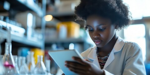 A young scientist in a lab coat uses a tablet in a laboratory filled with glassware, showcasing innovation and research.