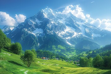 Fototapeta premium A mountain range with snow on the peaks and a green valley below