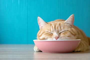 A relaxed ginger cat enjoys a peaceful nap with its head resting on a pink bowl in a bright room