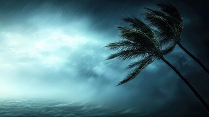 Tropical Storm with Palm Trees in Rain and Wind near Ocean under Dramatic Weather