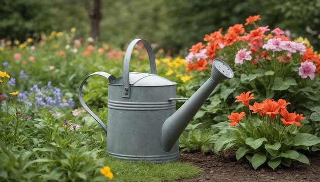 A charming watering can filled with pink flowers sits among vibrant green plants in a serene garden during late spring