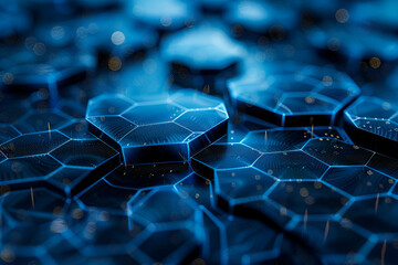 Abstract 3D hexagonal shapes representing structured data networks, technology infrastructure, and advanced digital innovation in a geometric design