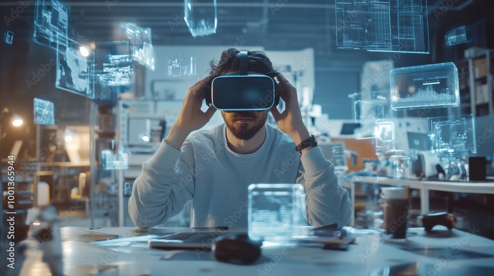 Aufkleber A virtual reality designer creates immersive experiences in a modern studio with 3D objects surrounding him. Generative AI