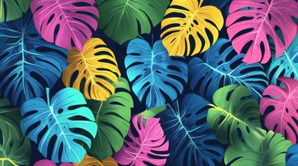 Naklejka premium A seamless pattern featuring vibrant monstera leaves in flat art style, perfect for natural and tropical designs