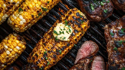 Grilled corn on the cob with butter and herbs, charred perfectly, served alongside a variety of grilled meats.
