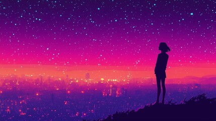 A silhouette of a person gazing at a vibrant starlit sky above a city at dusk, creating a scene of wonder and tranquility.