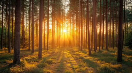 Obraz premium Sunset through Pine Forest