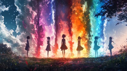 Fototapeta premium Silhouetted Figures Against Colorful Background
