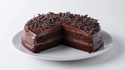 Delicious chocolate cake with rich frosting and chocolate shavings, perfect for celebrations or dessert lovers.