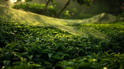 Serene tea garden  lush green leaves thriving under soft lighting and protective netting