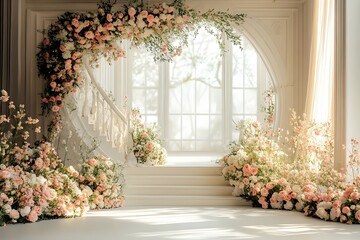 Beautiful wedding backdrop with flowers and staircase generative AI	
