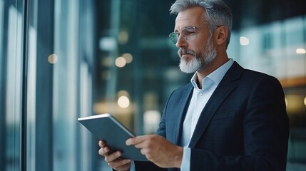 Mature Businessman Using Digital Tablet in Modern Office