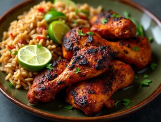 Jamaican Jerk Chicken with Rice and Peas in a Traditional Caribbean Style