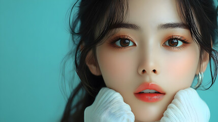 Close-Up Portrait of a Woman with Soft Eyes and Lips in a Sweater Against a Turquoise Background