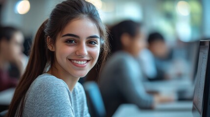 Young Woman Studying in a Modern Library