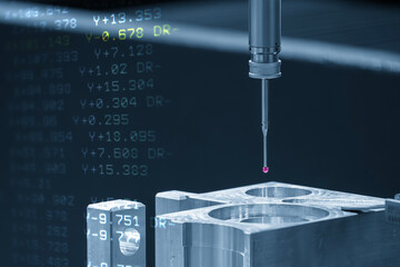 Abstract scene the CMM machine measuring the aluminum parts in the light blue scene and G-code data...