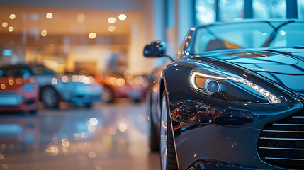 sleek luxury car is showcased in modern showroom, with blurred background of other vehicles creating elegant atmosphere. lighting enhances cars glossy finish, making it stunning focal point