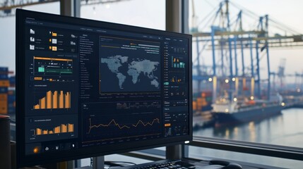 A digital dashboard displaying global trade data, with a view of shipping containers and cranes in the background.