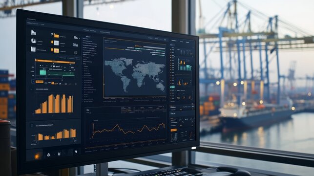 A digital dashboard displaying global trade data, with a view of shipping containers and cranes in the background.