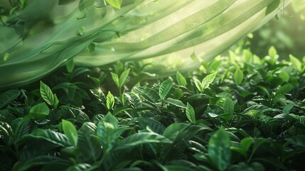 Obraz premium Tranquil scene of tea plants under shade with gentle cloth net and accent lighting highlights