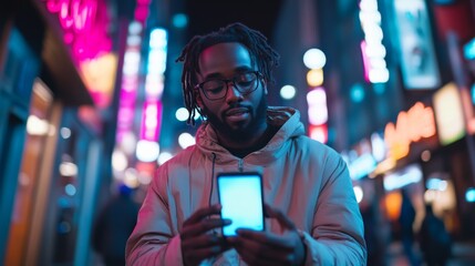Obraz premium Young man with smartphone in vibrant city night