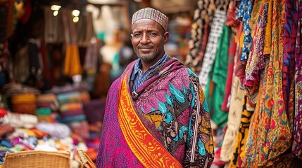 Fototapeta premium A man in a traditional Somali dirac, standing in front of a vibrant bazaar with colorful fabrics and spices.