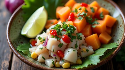 Peruvian Ceviche with Lime and Sweet Potatoes in a Traditional Style