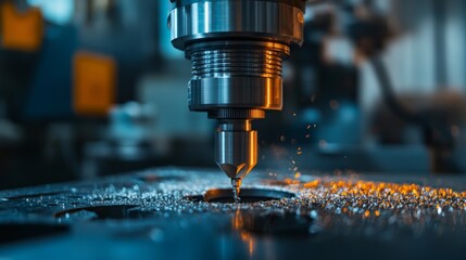 Close-up CNC Machine Drilling Metal Surface