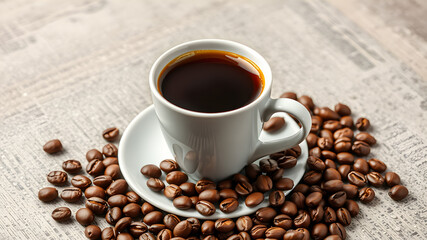 Obraz premium Espresso coffee cup with coffee beans Coffee pause. with copy space image. Generative AI