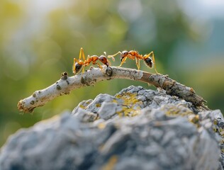 Ants Meeting on Branch with Bokeh Background