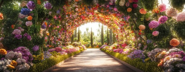 Fototapeta premium Floral Archway to Paradise: A breathtaking digital rendering of a vibrant flower archway, leading to a sun-drenched garden path. Lush blooms in a rainbow of colors create a magical.