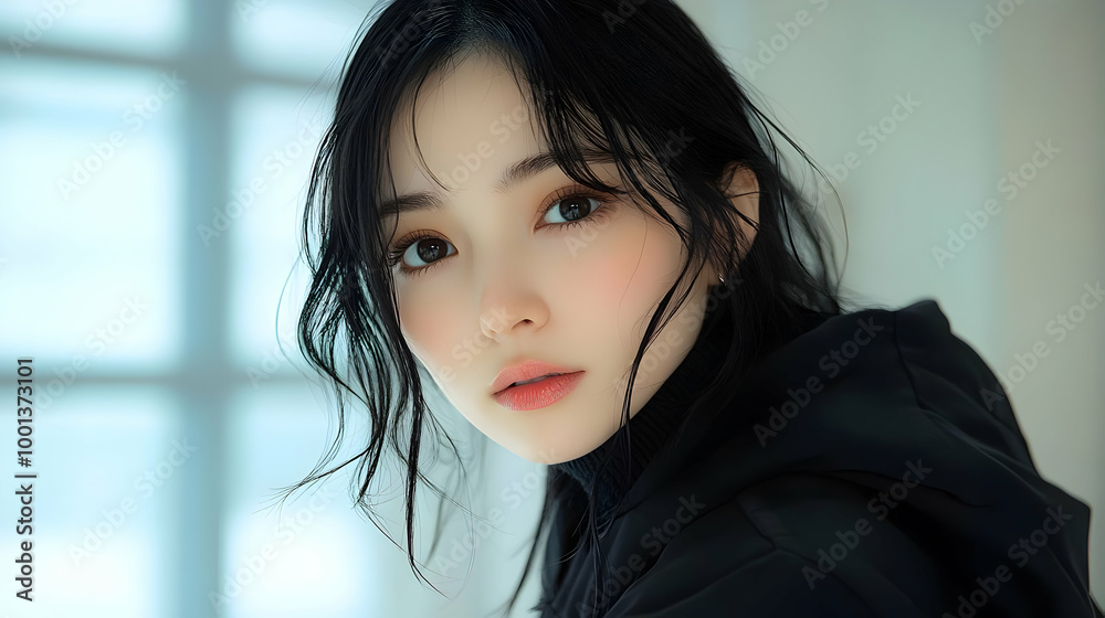 Poster Beautiful Woman with Long Black Hair Wearing Black Hoodie