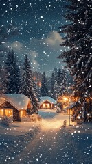 Fototapeta premium Cozy cabins with warm lights and snowfall in a snowy forest at night.